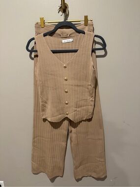 Ribbed Knit Wide-Leg Lounge Pants | Beige
